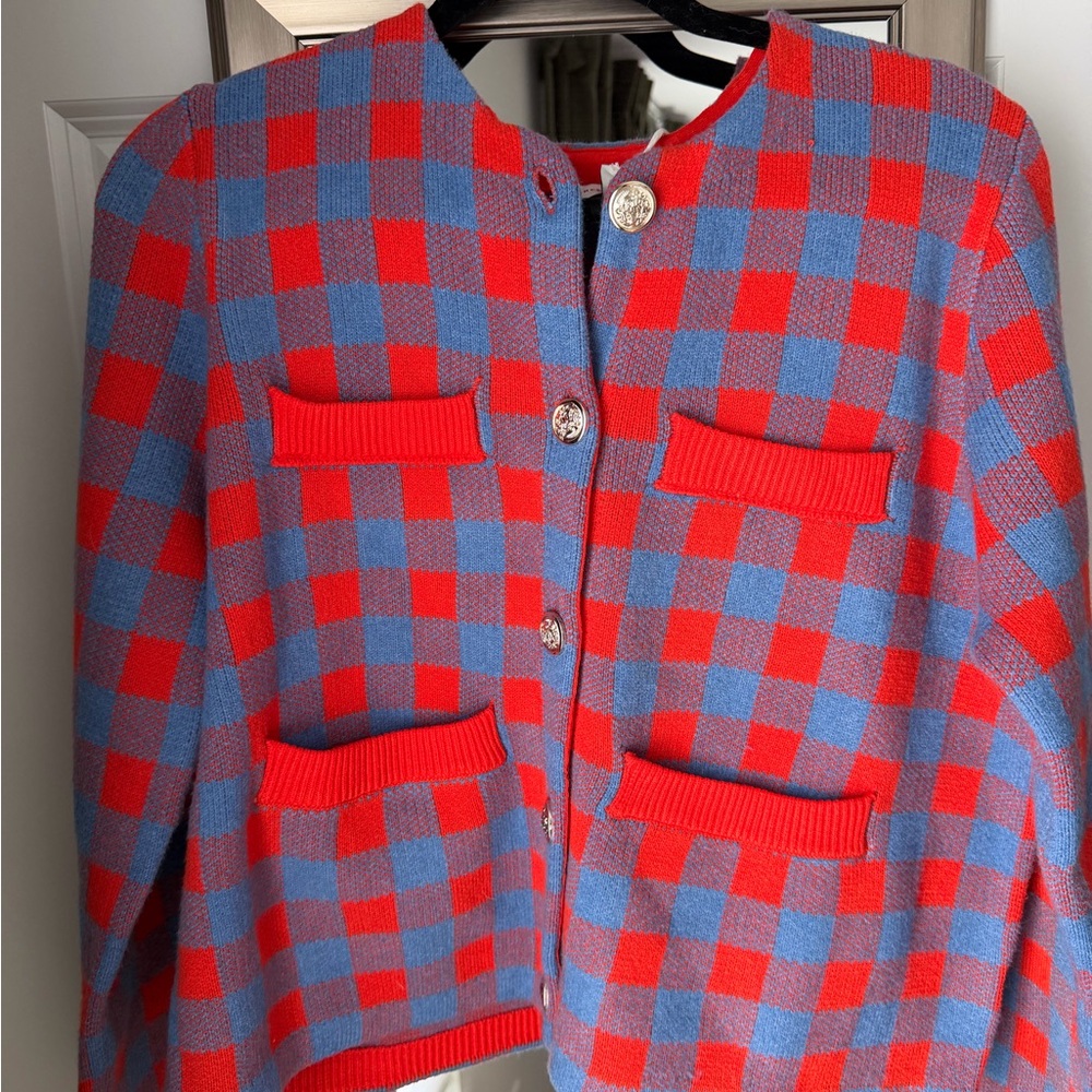 Orange and Blue Check Knit Cardigan - Picture 3 of 6
